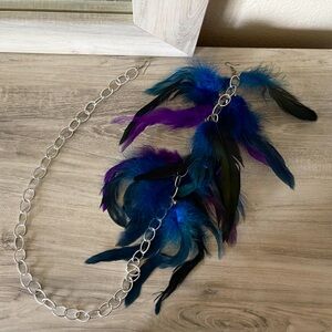 Silver Chain Necklace with Blue and Purple Feather Earrings